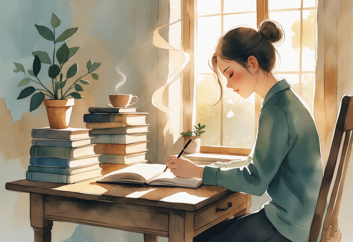 A person sitting at a desk by a window, writing in a notebook surrounded by books, a cup of tea, and a small plant.