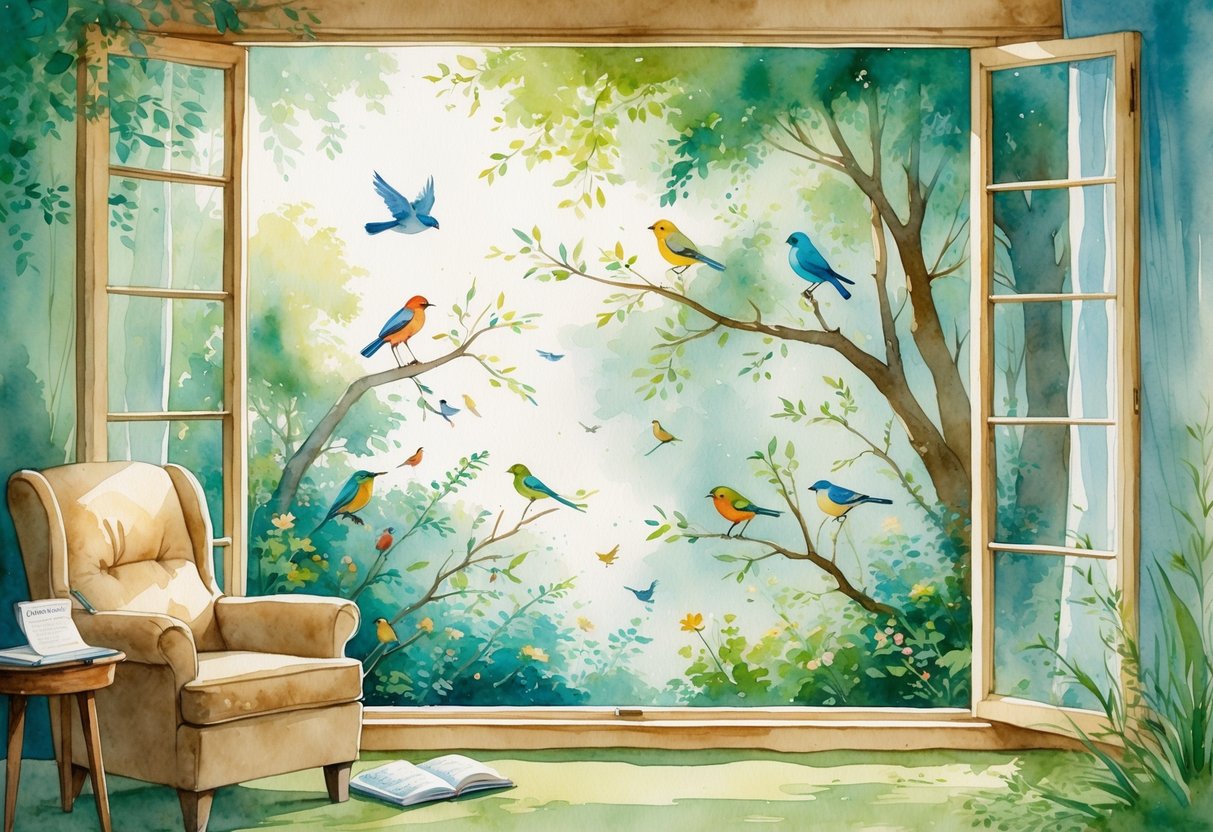 A cozy room with a large window showing colorful birds in a garden outside, with an armchair and binoculars nearby.