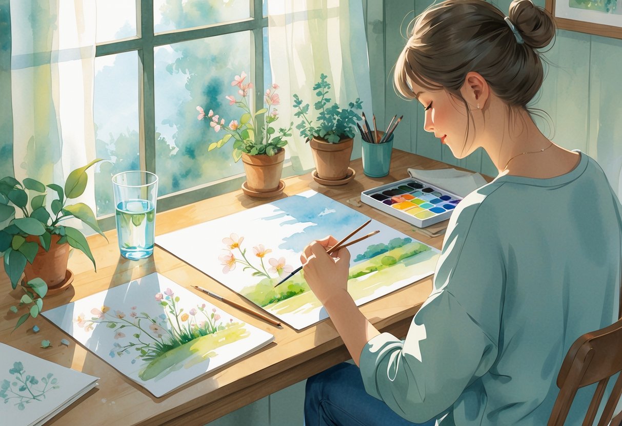 A person painting with watercolors at a wooden table near a window, surrounded by art supplies and plants.