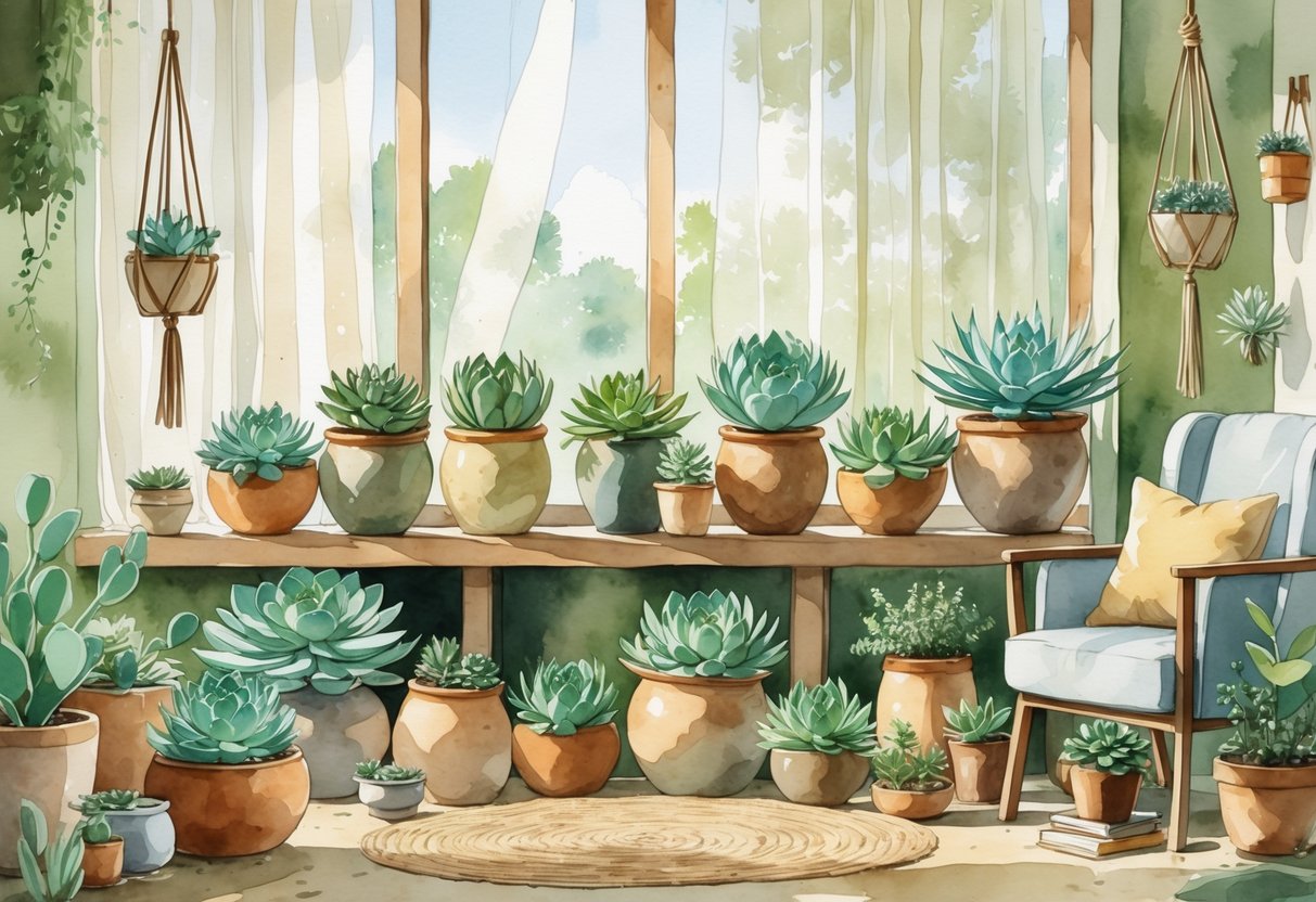 An indoor space with various succulent plants on wooden shelves by a window, a cozy armchair, and gardening tools arranged on a small table.