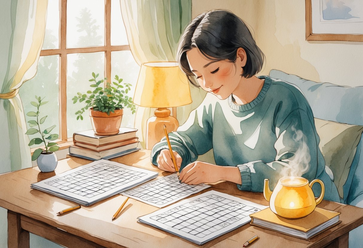 A person sitting at a table solving crossword and sudoku puzzles with a cup of tea nearby in a cozy, quiet room.