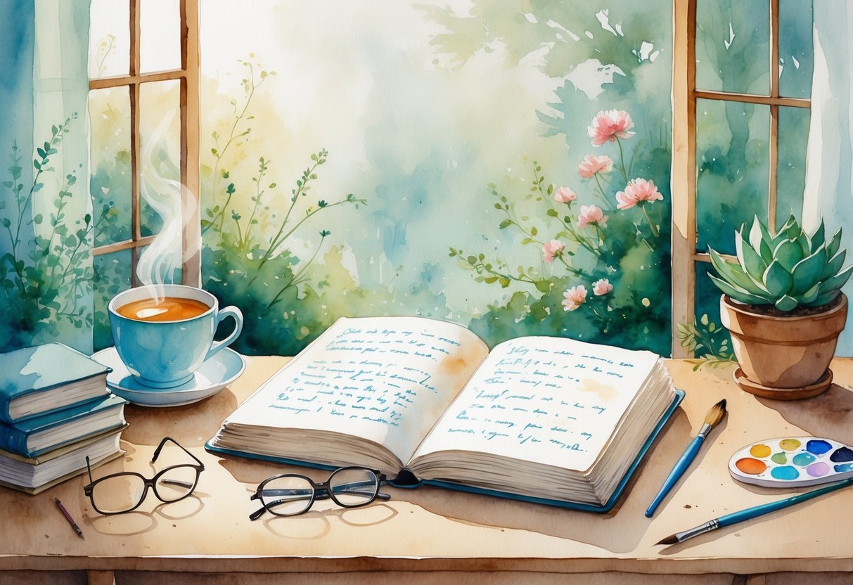A peaceful desk scene with an open journal, a cup of tea, reading glasses, books, a small plant, and art supplies near a window showing a garden.