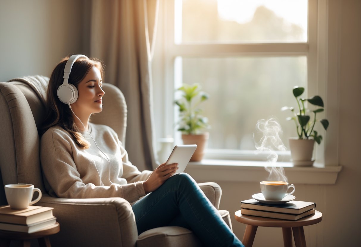 Person sitting in a cozy chair wearing headphones, surrounded by books, a cup of tea, and a plant near a window.