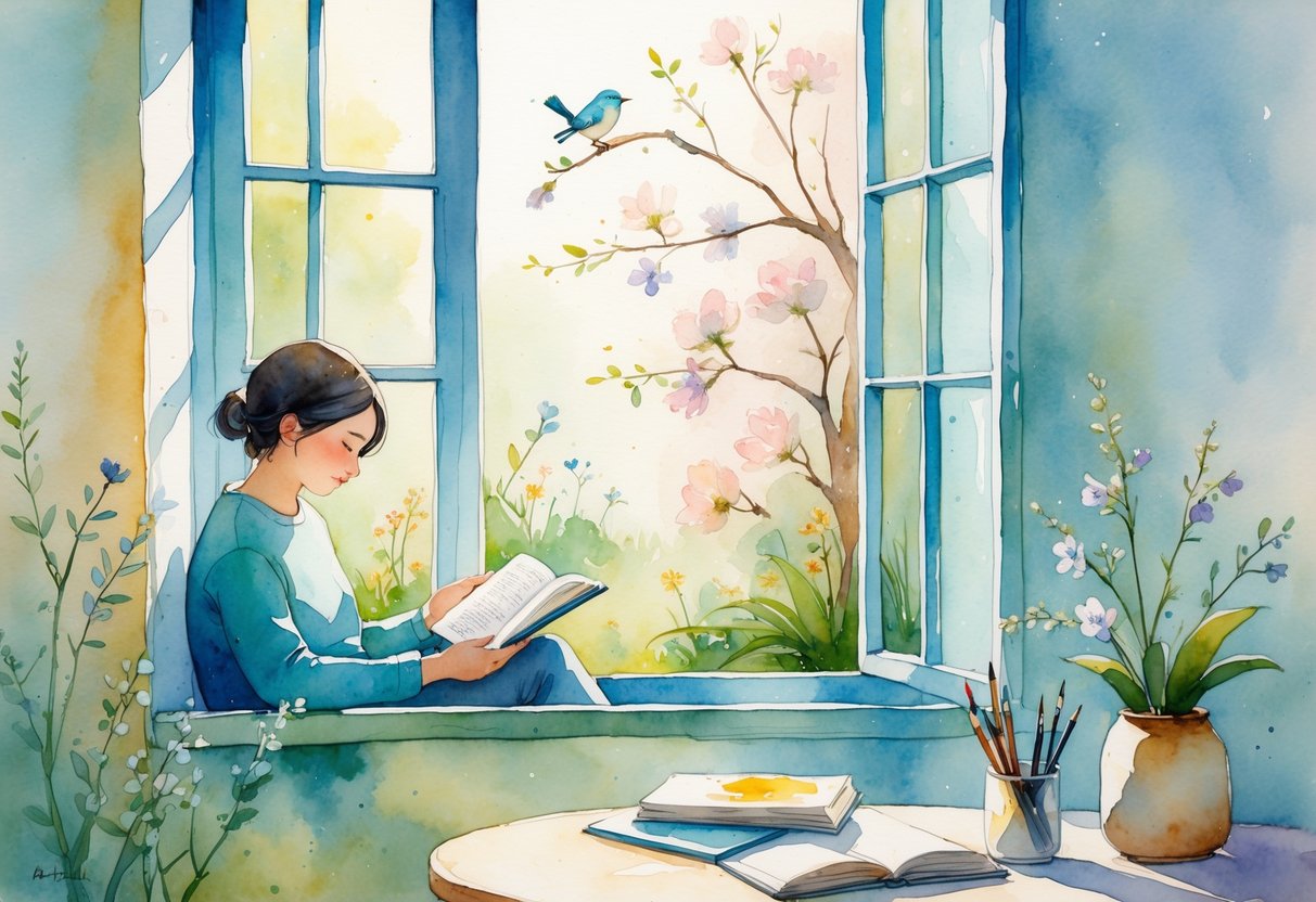A person quietly reading a book in a cozy room next to a window overlooking a peaceful garden with flowers and a bird.