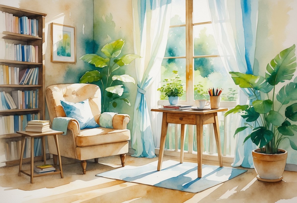 A cozy indoor room with a comfortable chair, art supplies on a table, bookshelves, a potted plant, and soft natural light coming through a window.