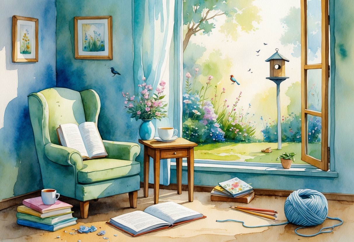 A cozy room with a comfortable chair, an open book, tea, art supplies, a garden view, a puzzle, and knitting materials arranged peacefully.
