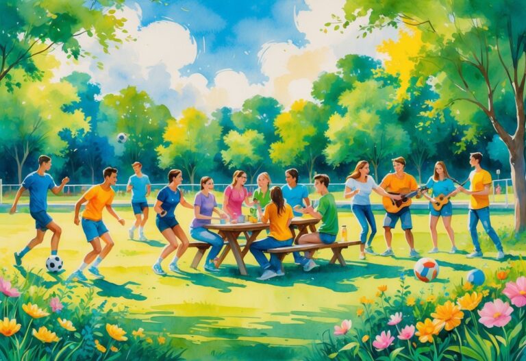 A lively outdoor scene showing diverse people enjoying social activities together in a park, including sports, dancing, music, painting, and chatting.