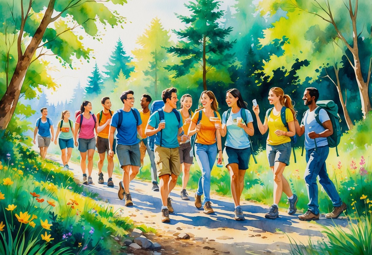 A group of people hiking together on a forest trail, enjoying each other's company surrounded by trees and wildflowers.