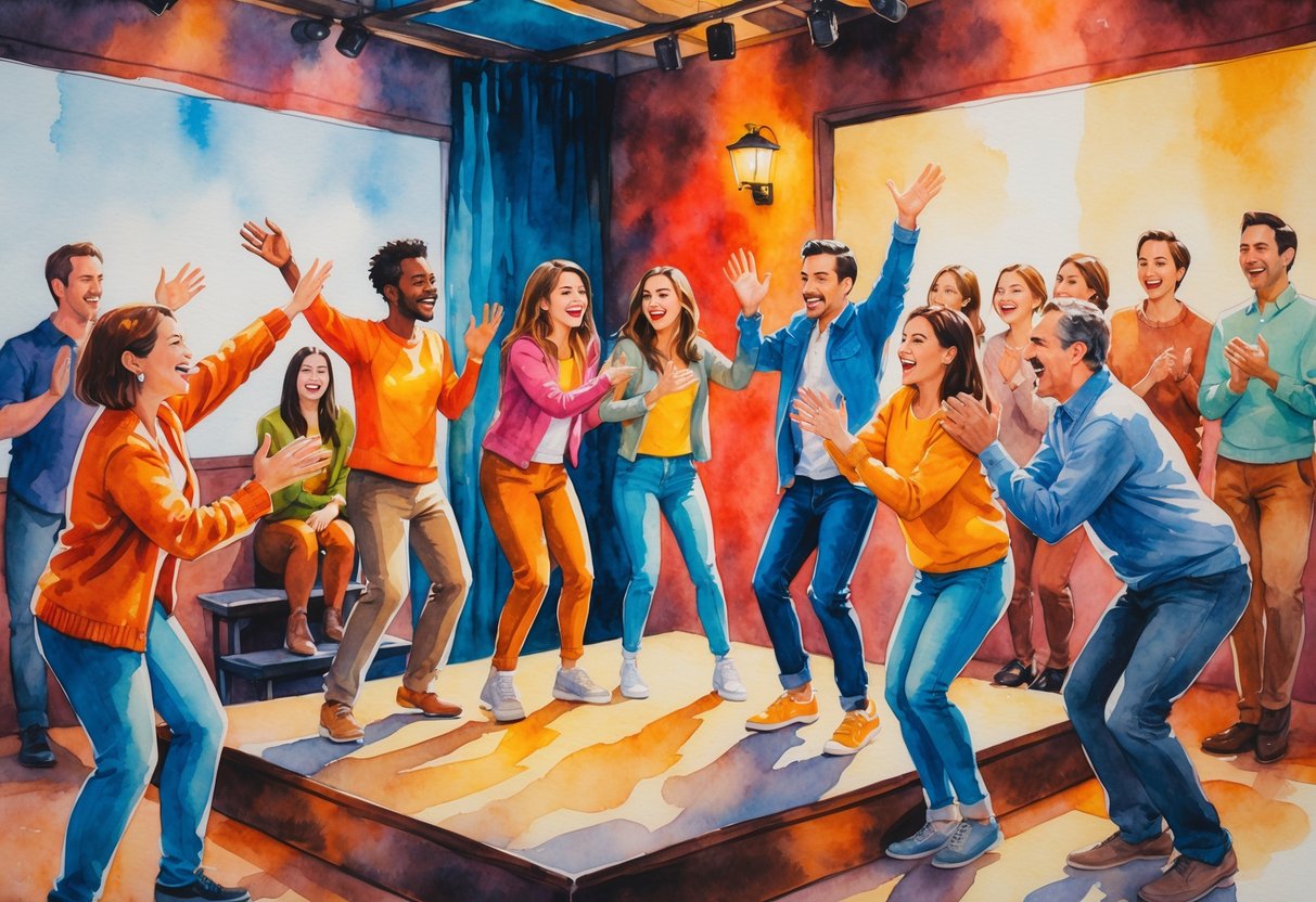 A group of people performing on a small stage while an audience watches and claps.