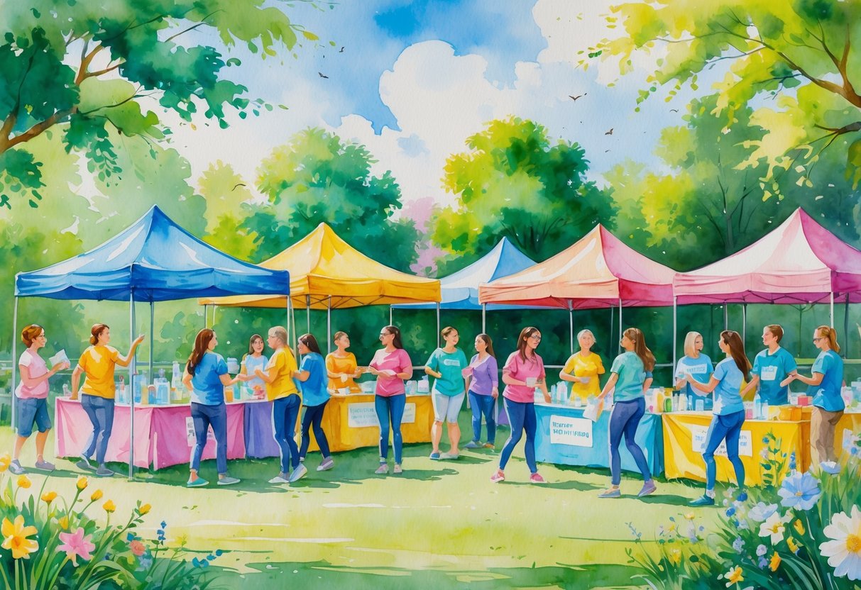 A group of people volunteering together outdoors at a community event, setting up booths, handing out items, and socializing in a park.