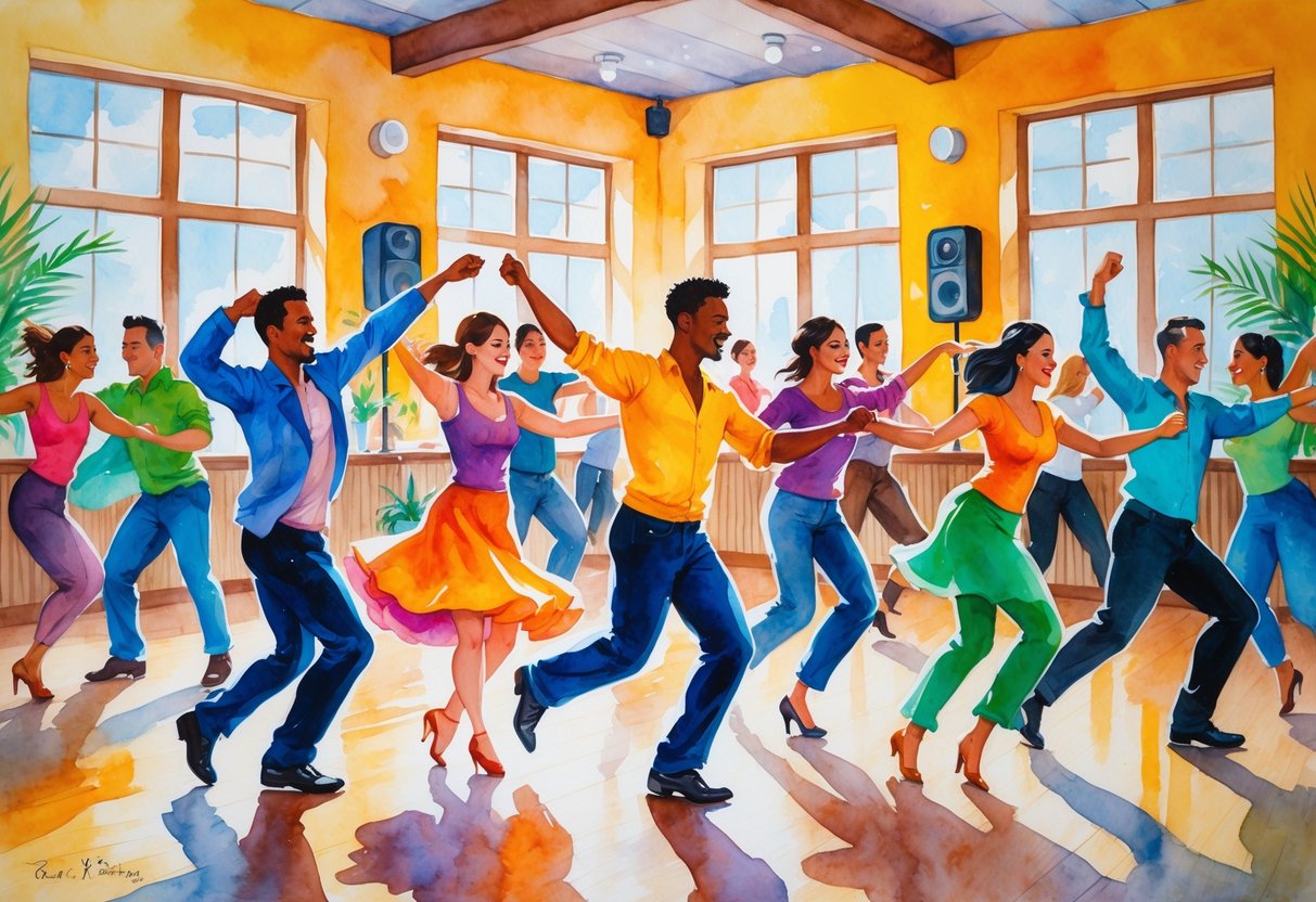 A lively dance class with people dancing in pairs in a bright studio, smiling and enjoying themselves.