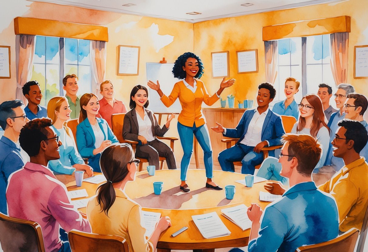 A group of people gathered in a circle, with one person standing and speaking while others listen attentively in a warm, inviting room.