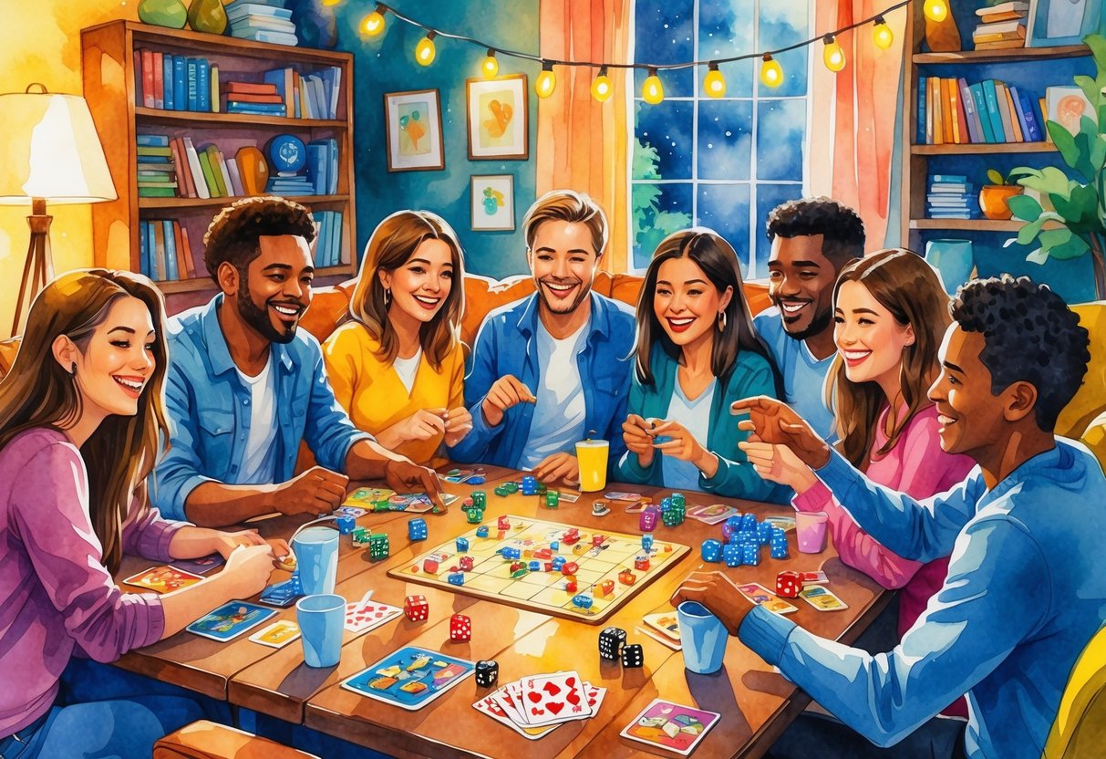 A group of friends happily playing board and card games together around a table in a cozy living room.