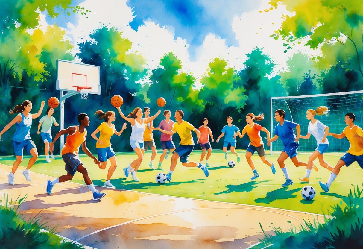 A lively outdoor scene of people playing basketball and soccer together on a sunny day.