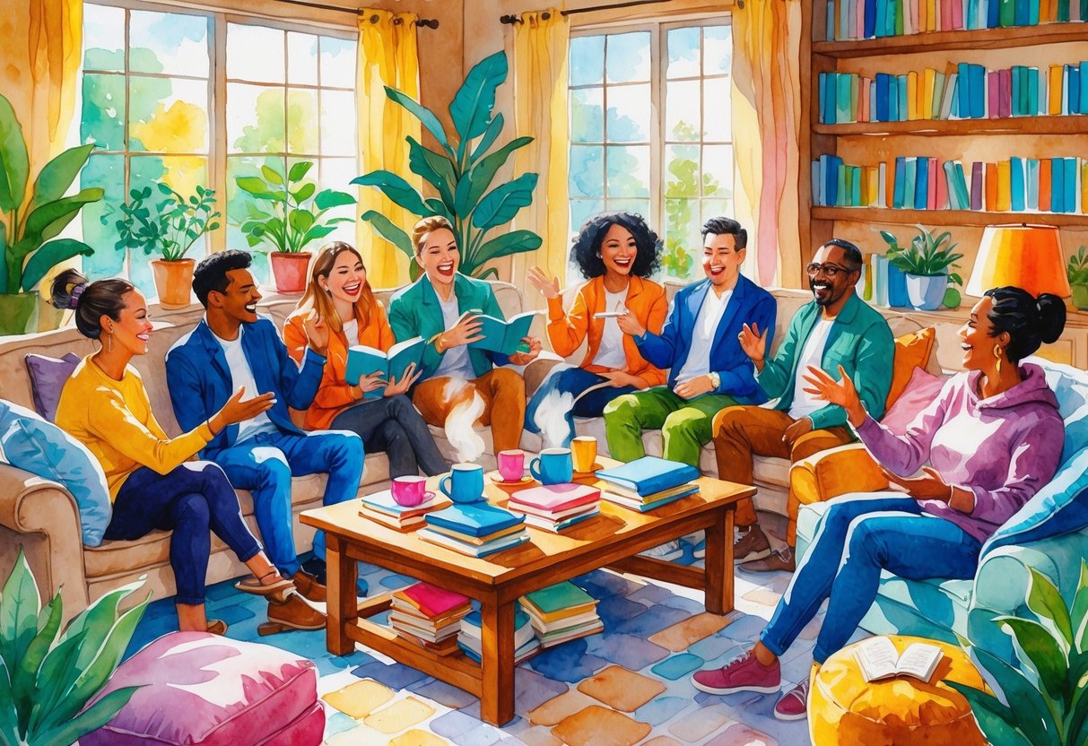 A group of people gathered in a cozy room, talking and enjoying books together around a coffee table.