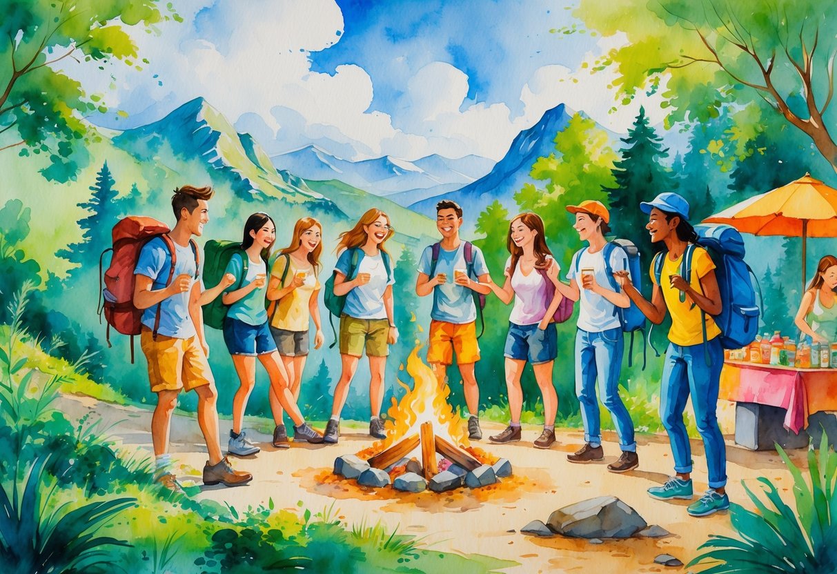 A group of friends hiking, sharing a campfire, and exploring a market outdoors in a scenic natural setting.