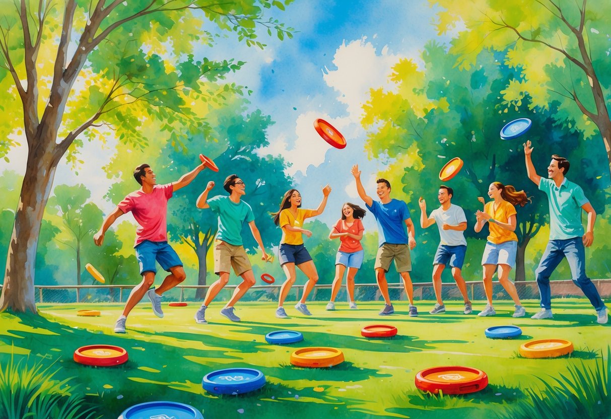 A group of friends playing frisbee golf together in a sunny park surrounded by trees and green grass.