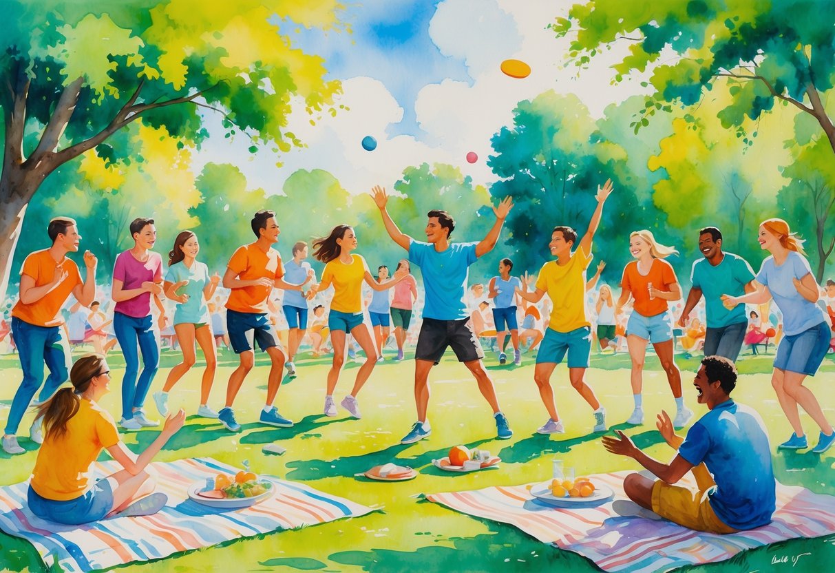 A lively outdoor scene with people socializing, playing games, dancing, and enjoying a picnic in a sunny park.