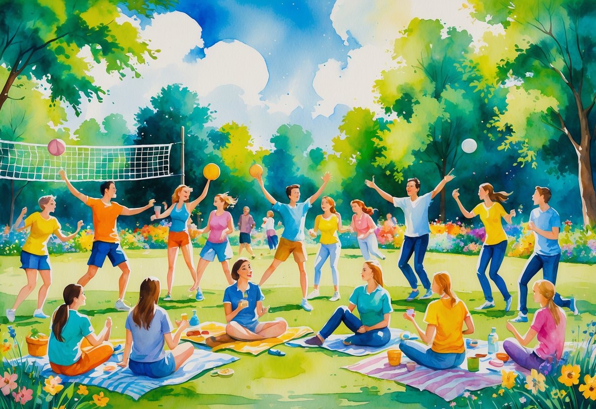 A lively outdoor scene with groups of people playing sports, dancing, painting, and chatting in a park surrounded by trees and flowers.