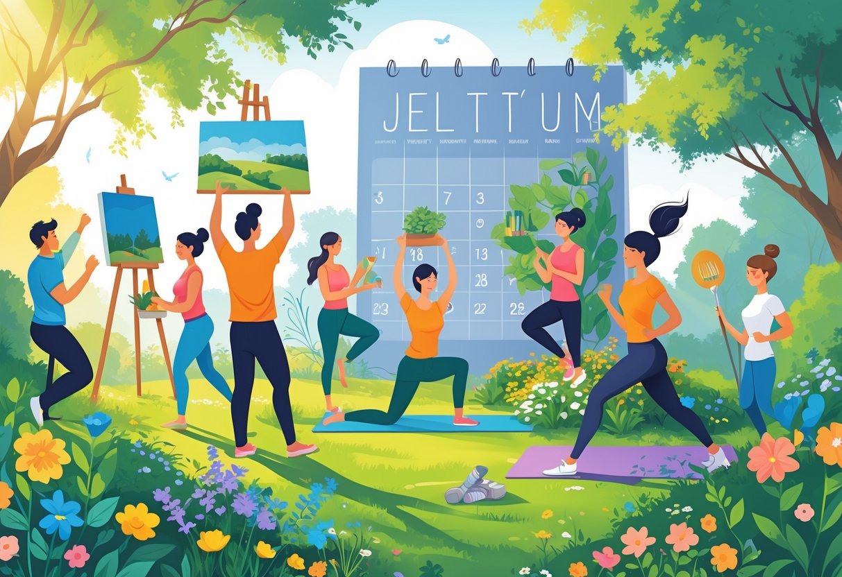 A group of people enjoying different hobbies like painting, yoga, reading, gardening, cooking, playing music, and jogging in a bright outdoor and indoor setting.