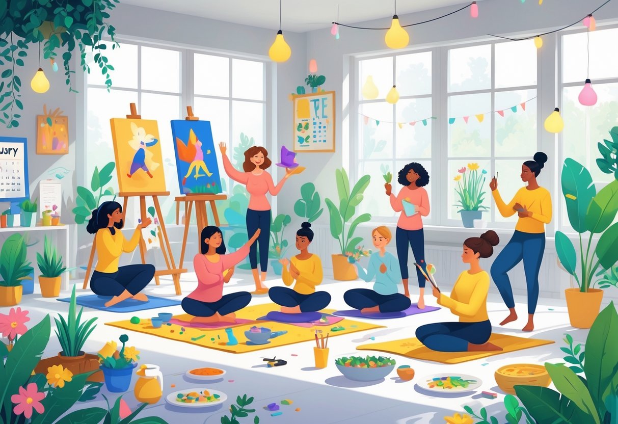 A group of diverse people engaged in various creative hobbies like painting, yoga, writing, playing instruments, gardening, cooking, photography, and pottery in a bright, cozy studio filled with plants and art supplies.
