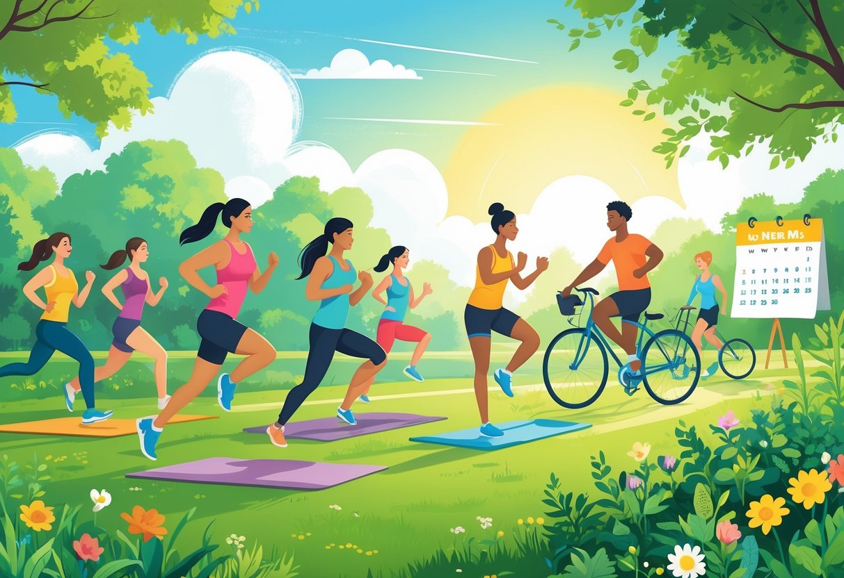 A group of diverse people jogging, doing yoga, cycling, making smoothies, and gardening outdoors on a sunny day.