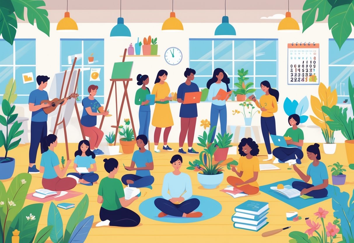 A diverse group of people engaged in various activities like painting, playing music, coding, reading, gardening, cooking, yoga, writing, crafting, and photography in a bright community space.