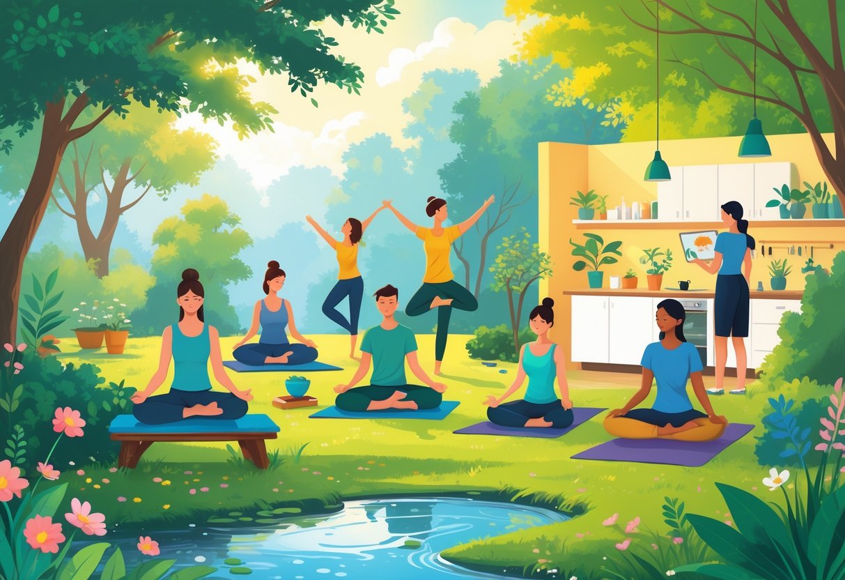 A group of people practicing yoga, meditation, journaling, painting, gardening, and making a smoothie in a peaceful park and home setting.