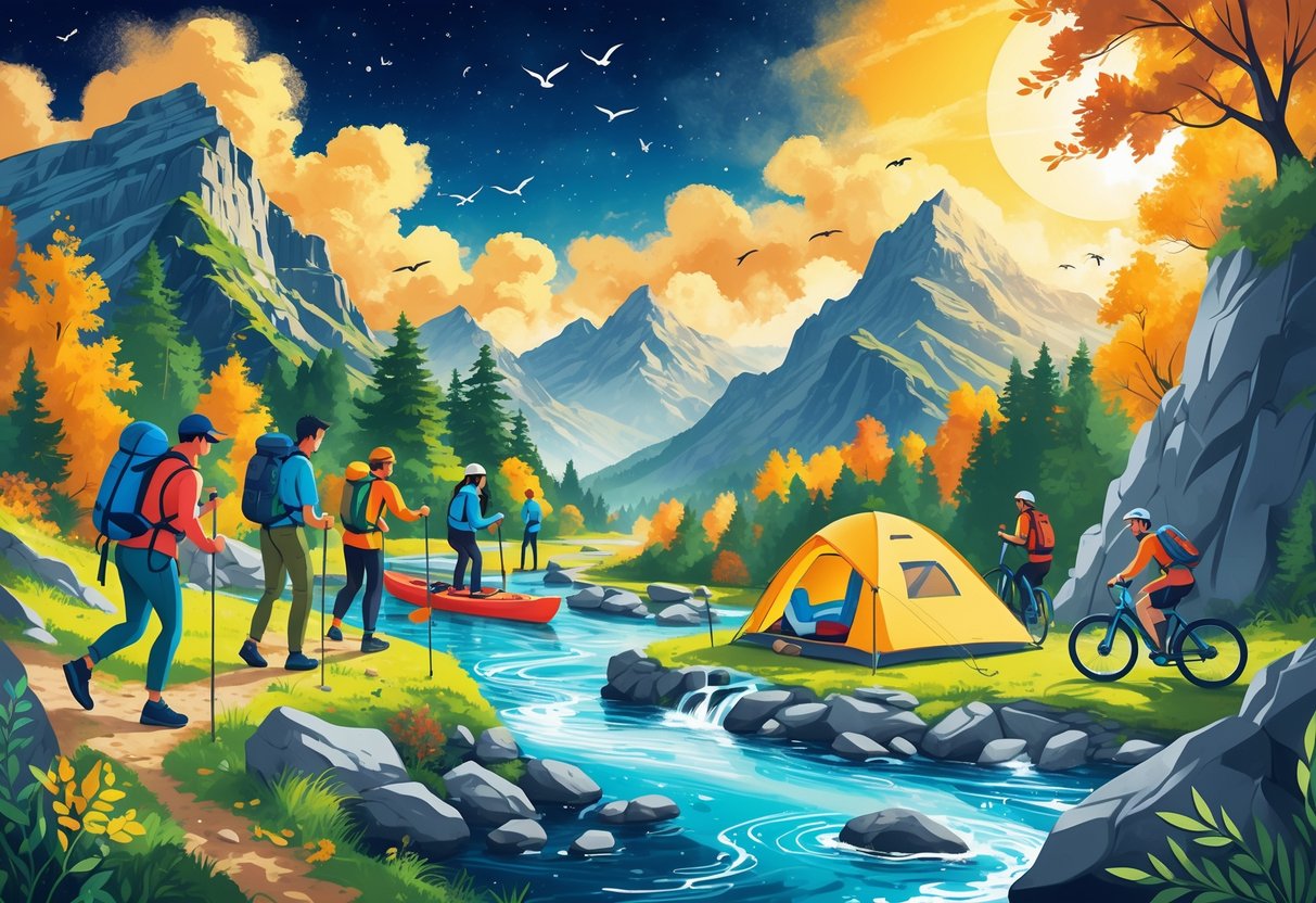 A group of people enjoying outdoor activities like hiking, kayaking, camping, cycling, and rock climbing in a natural landscape with mountains, trees, and a sunrise.
