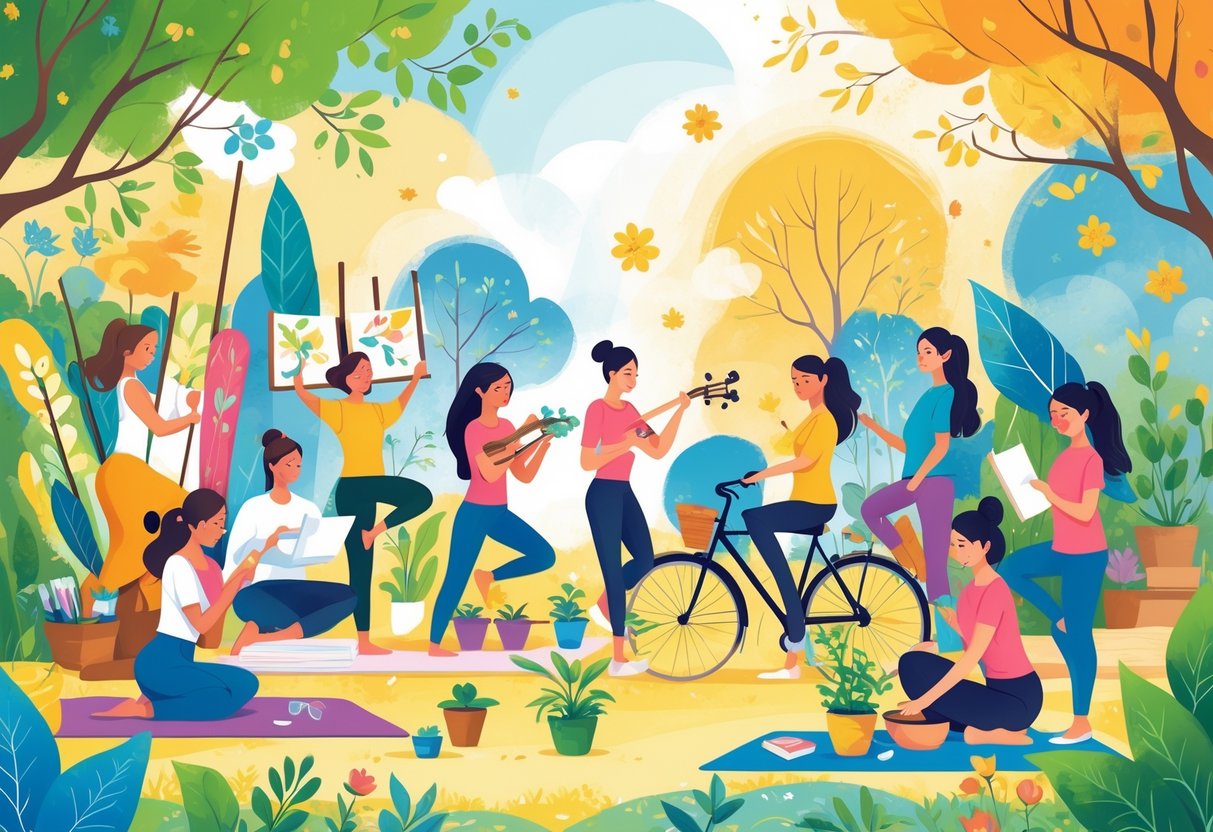 A group of people engaged in various hobbies like painting, yoga, gardening, playing instruments, cooking, writing, cycling, reading, knitting, and photography in a bright setting showing different seasons.