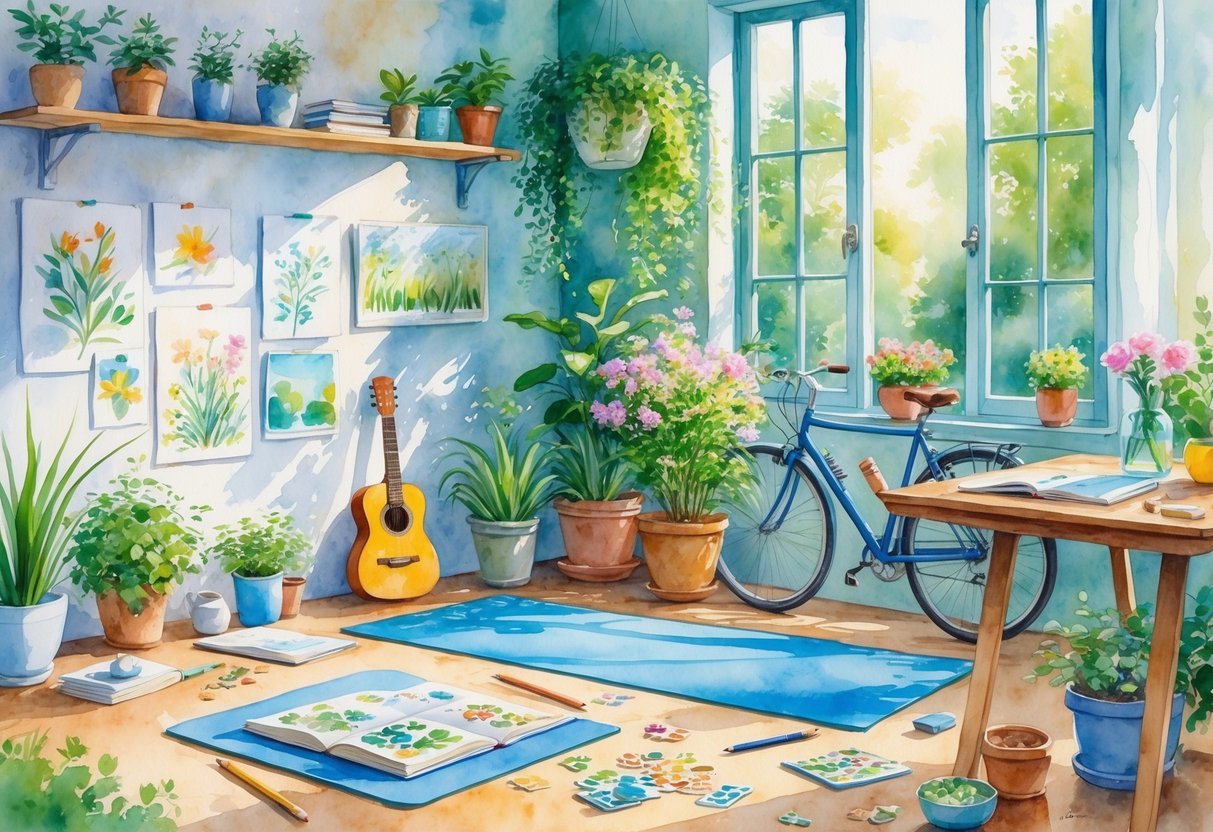 A peaceful room showing various hobbies including yoga, painting, gardening, playing guitar, puzzles, cycling gear, a camera, writing materials, cooking ingredients, and meditation.