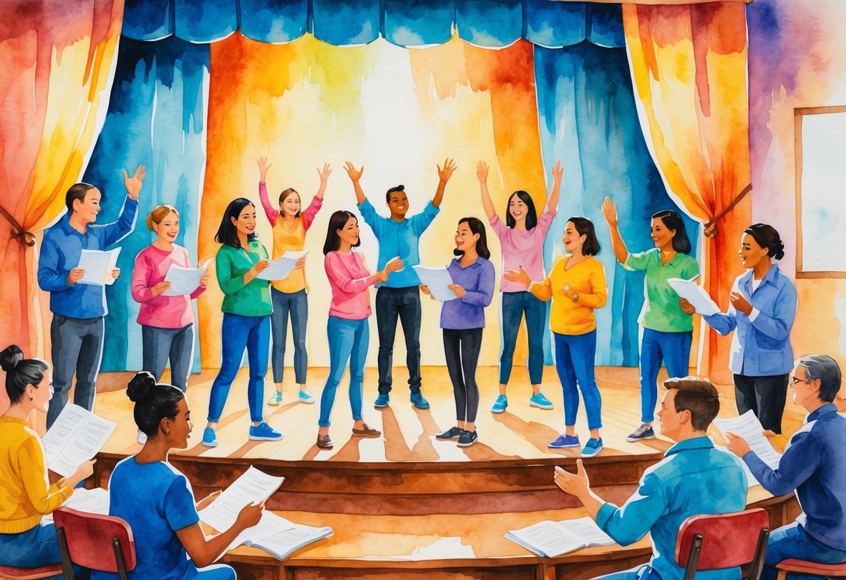 A group of people rehearsing a community theater play on a stage, practicing lines and adjusting costumes together.