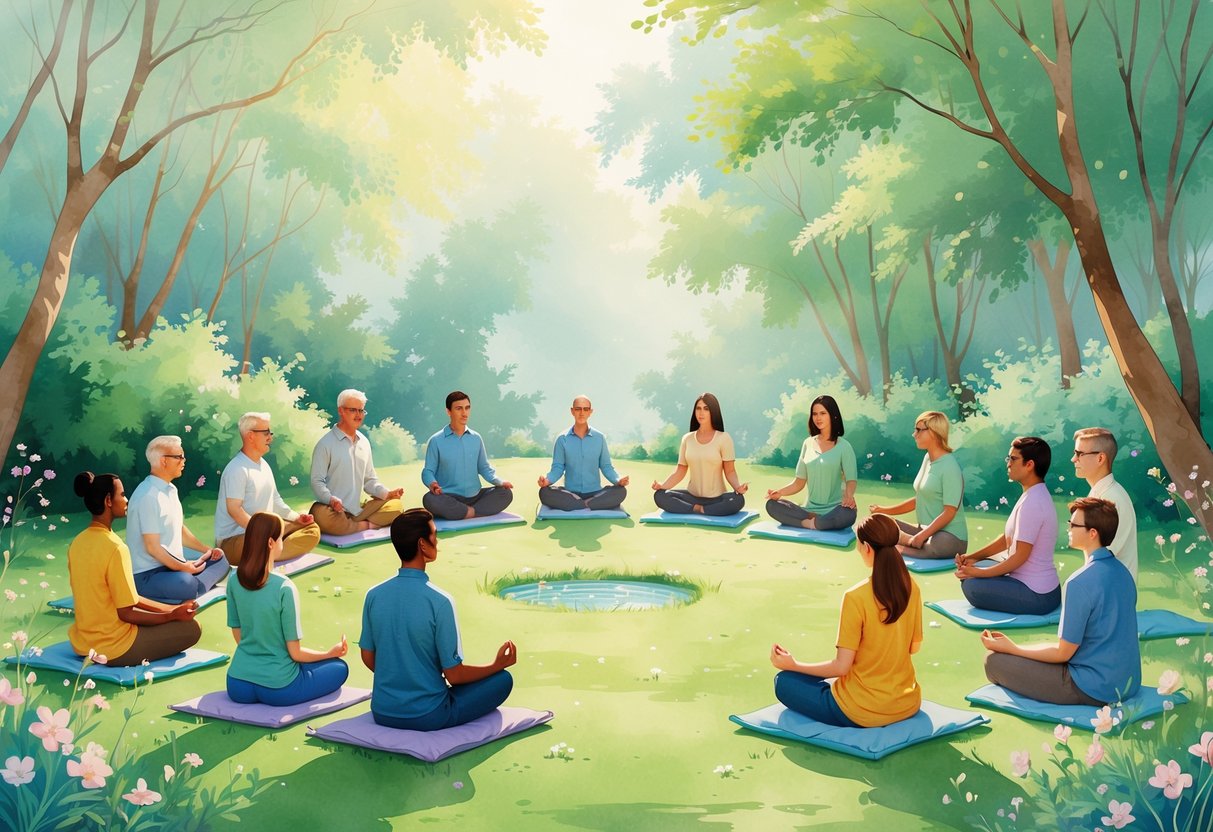 A diverse group of people sitting in a circle outdoors, meditating peacefully in a garden surrounded by trees, flowers, and a small pond.