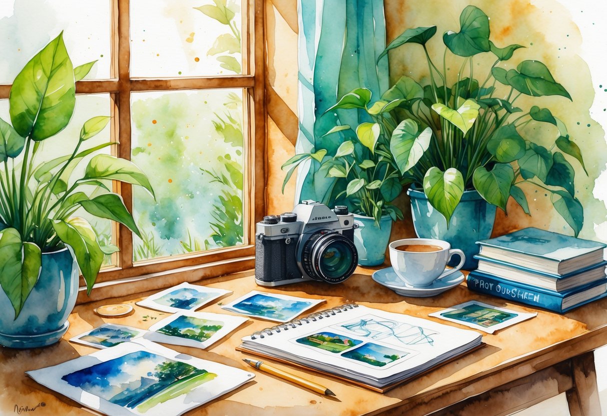 A cozy workspace with a wooden desk by a window, featuring a camera, photo prints, a notebook, and plants.