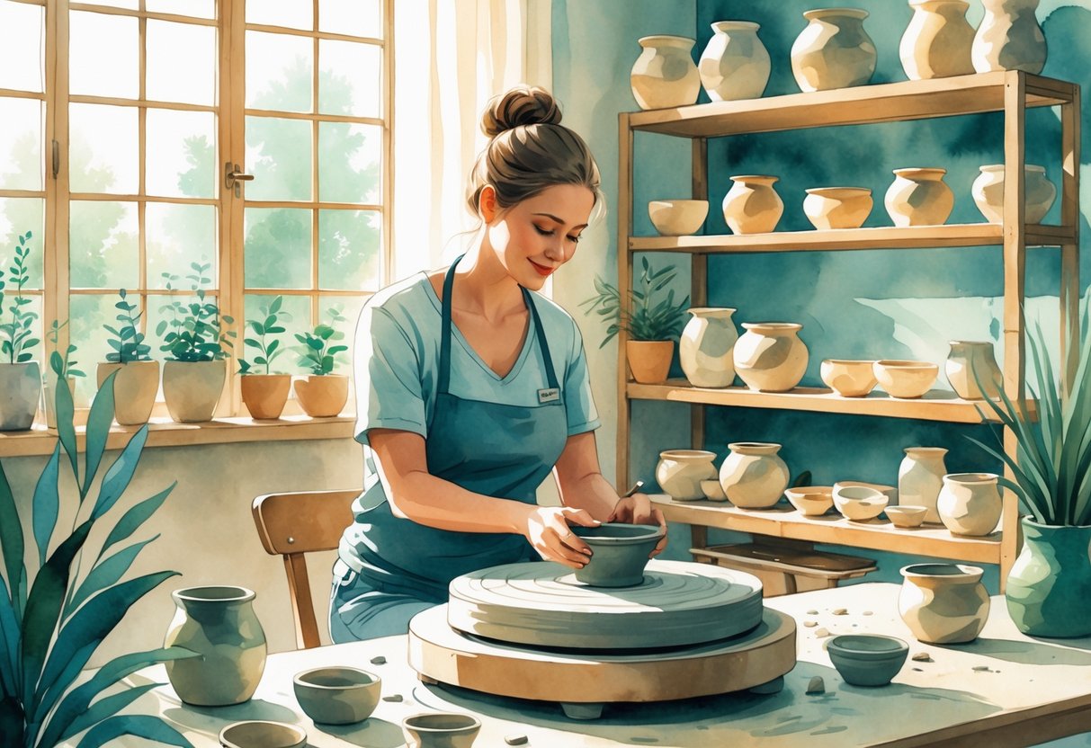 A person shaping clay on a pottery wheel in a bright studio filled with shelves of ceramic pots and plants.