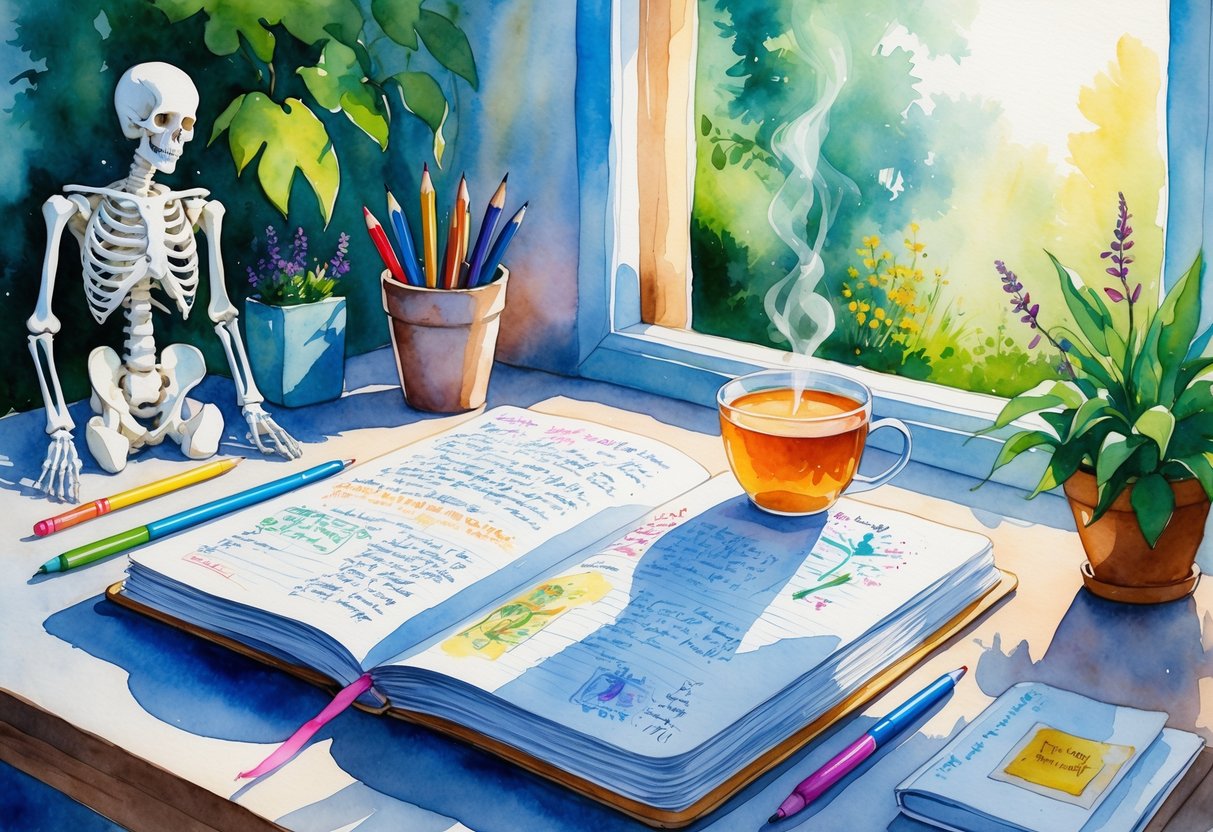 A workspace with an open notebook, pens, a cup of tea, a skeleton model, and a plant near a window overlooking a garden.