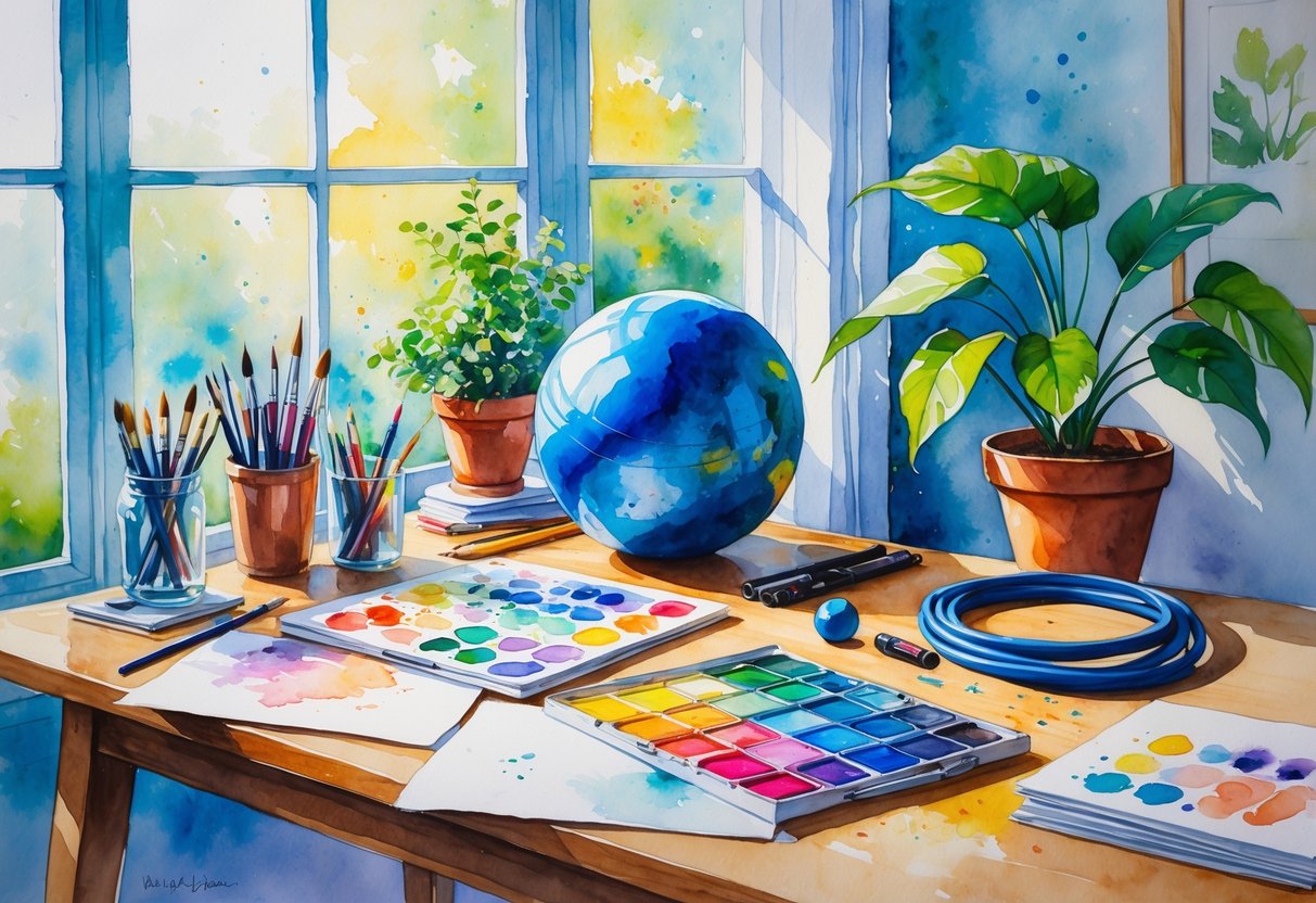 A sunlit room with a wooden desk holding art supplies, physical therapy equipment, and a potted plant.