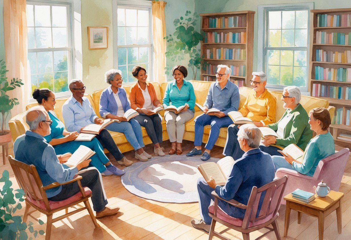 A group of people sitting in a cozy room, reading and discussing books together.