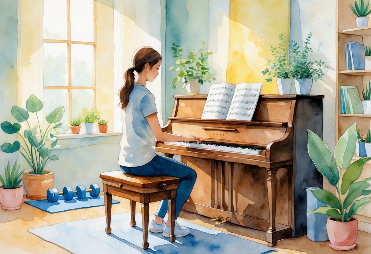A person sitting at a piano playing music in a cozy room with plants and books nearby.