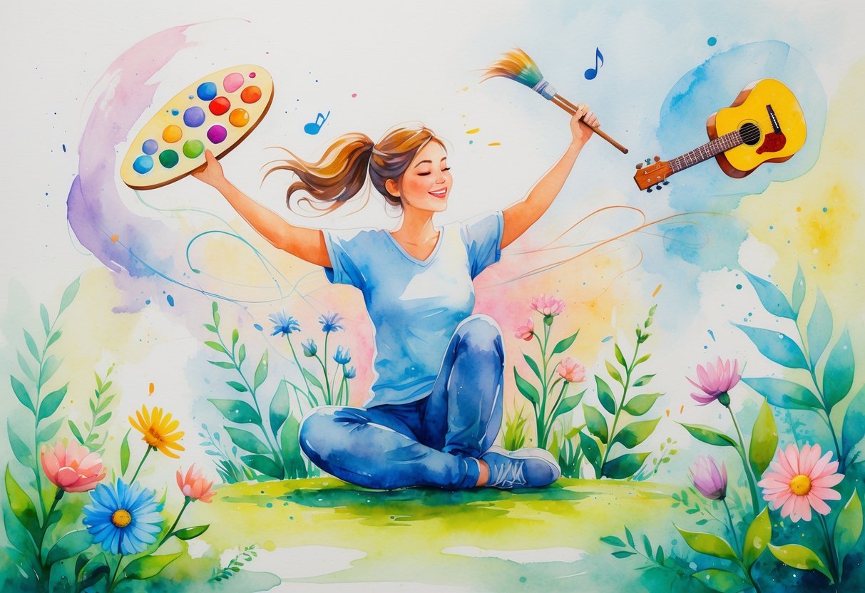 A physical therapist enjoying various creative hobbies like painting, playing music, gardening, knitting, and writing in a peaceful, colorful environment.