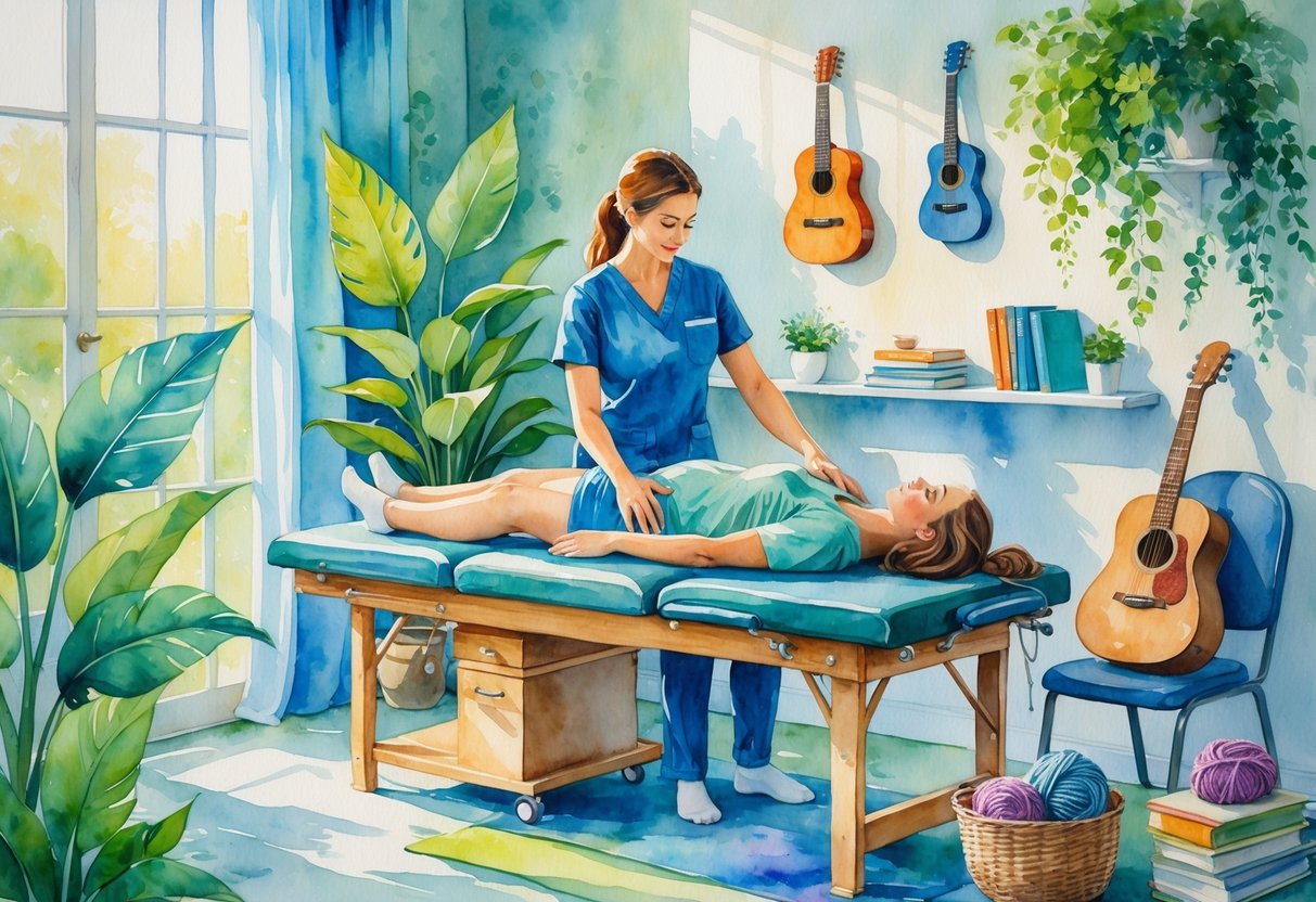 A physical therapist helping a patient stretch in a bright clinic room surrounded by items representing hobbies like painting, reading, playing guitar, knitting, and yoga.