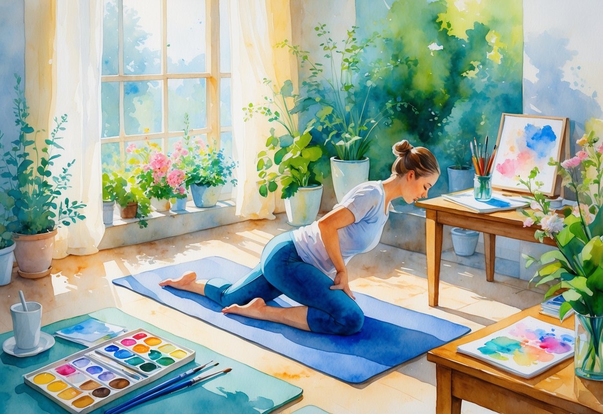 A physical therapist practicing yoga in a sunlit room filled with art supplies and indoor plants.