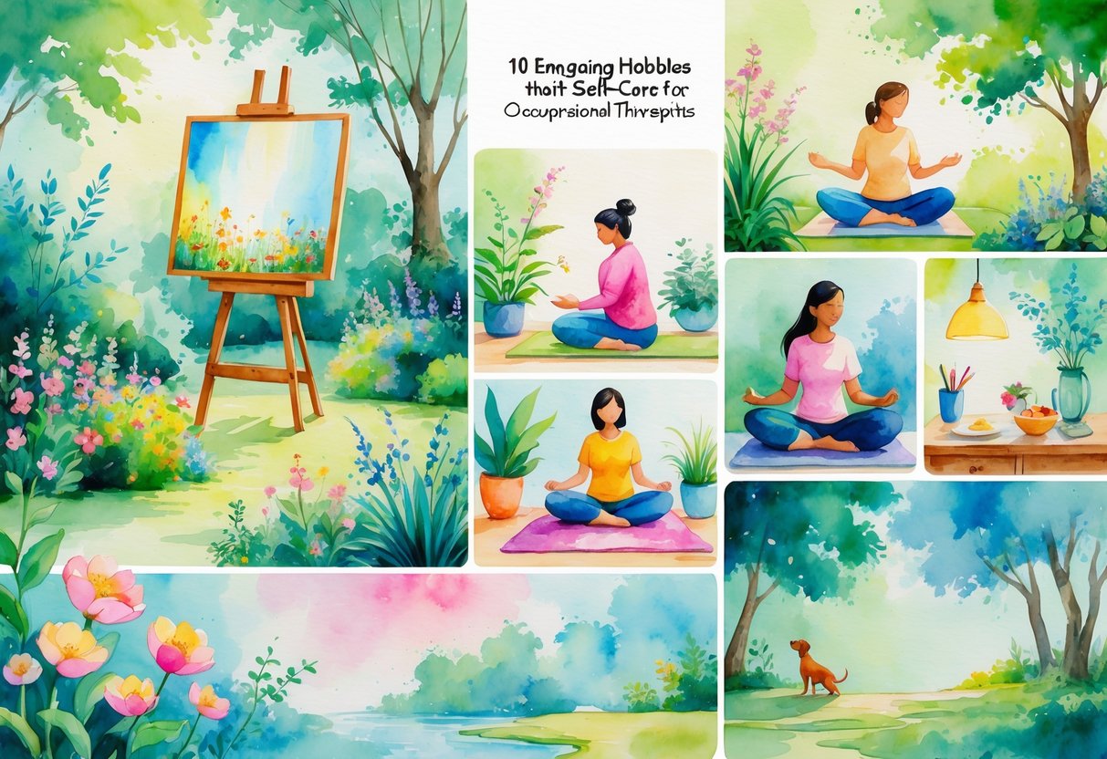 A peaceful scene showing people engaged in various hobbies like gardening, painting, yoga, reading, playing music, journaling, cooking, walking a dog, knitting, and meditating in a natural, calming environment.