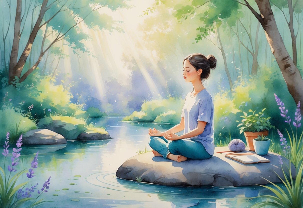 A person meditating peacefully by a pond surrounded by trees, flowers, and soft sunlight, with hobby items like a sketchbook and knitting materials nearby.