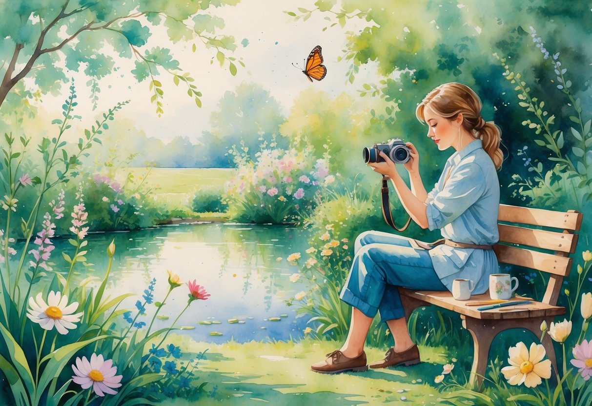 A person holding a camera in a garden, focusing on a butterfly on a flower near a calm pond with flowers and greenery around.