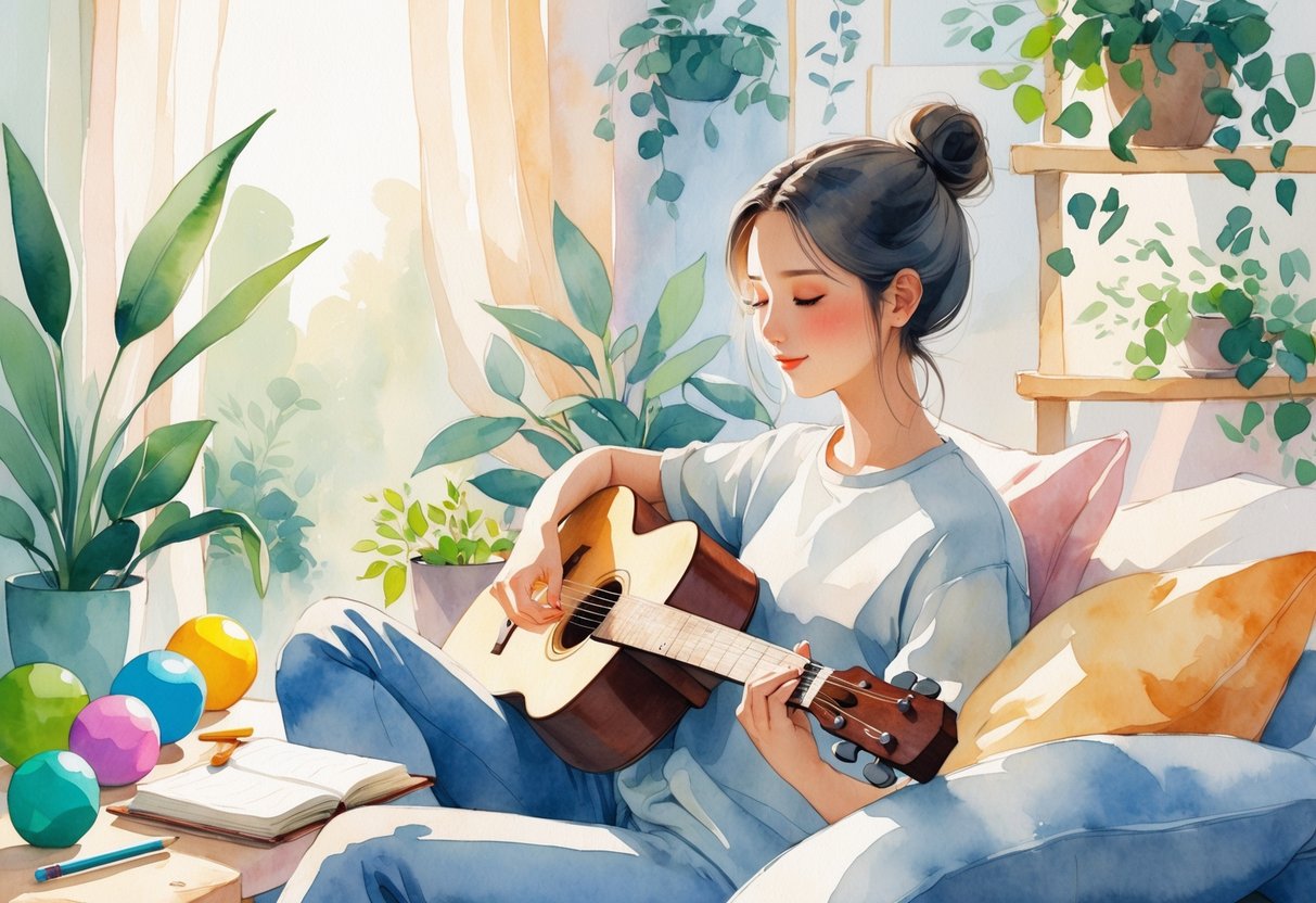 Person playing a musical instrument in a cozy room with plants and soft cushions, surrounded by therapy tools, appearing calm and focused.