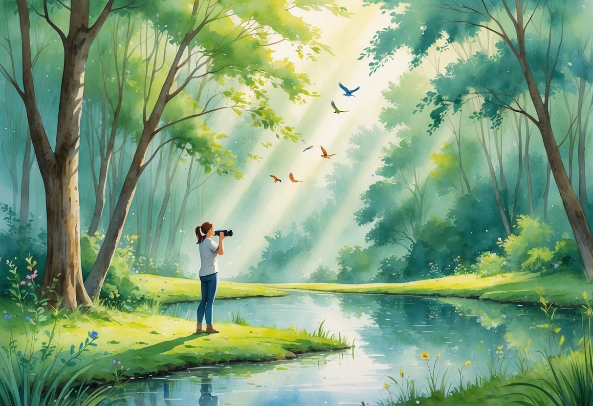 A person bird watching peacefully in a forest clearing near a pond surrounded by trees, flowers, and birds.