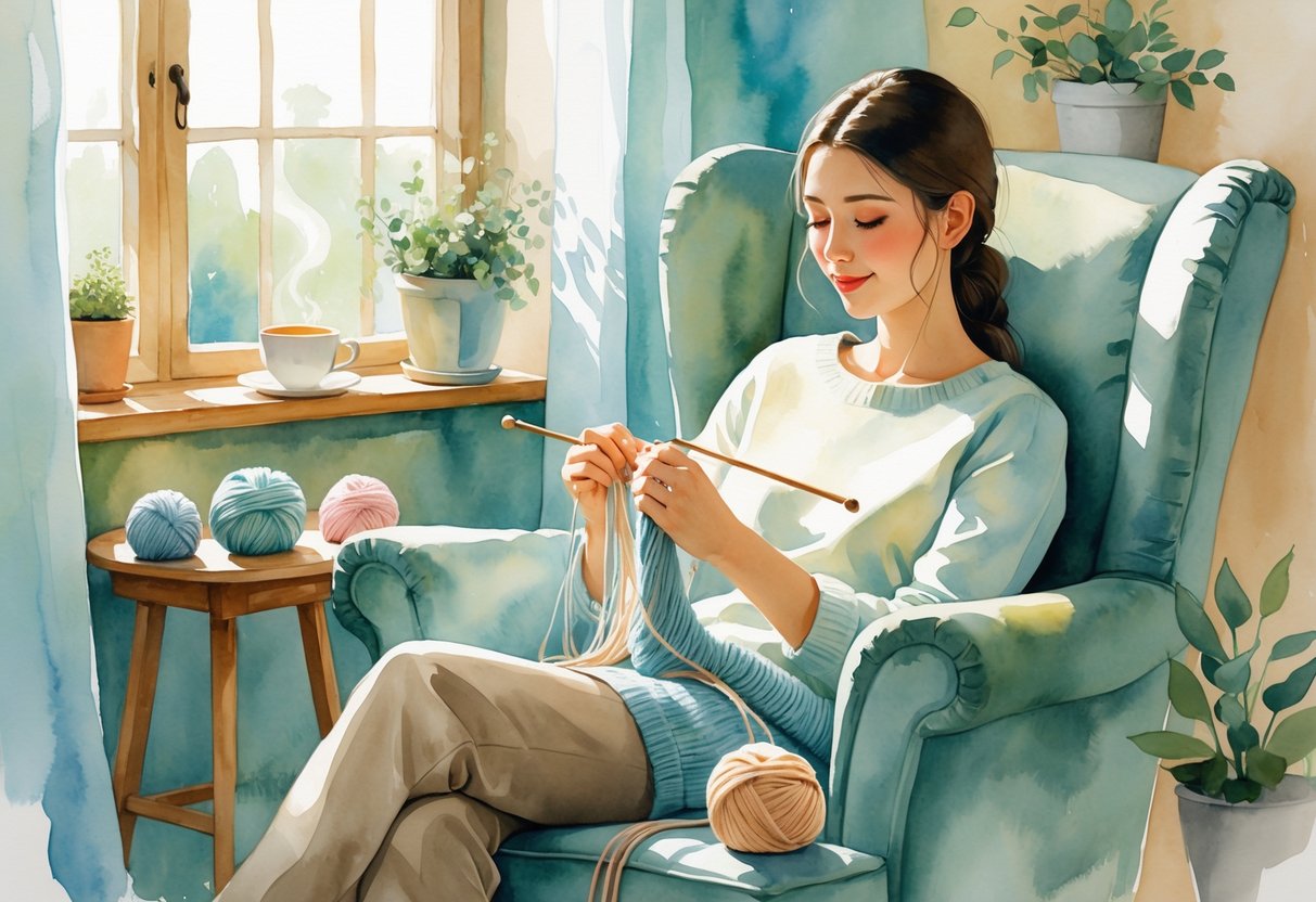 A person sitting in a comfortable chair by a window, knitting or crocheting with yarn, surrounded by plants and a cup of tea on a small table.