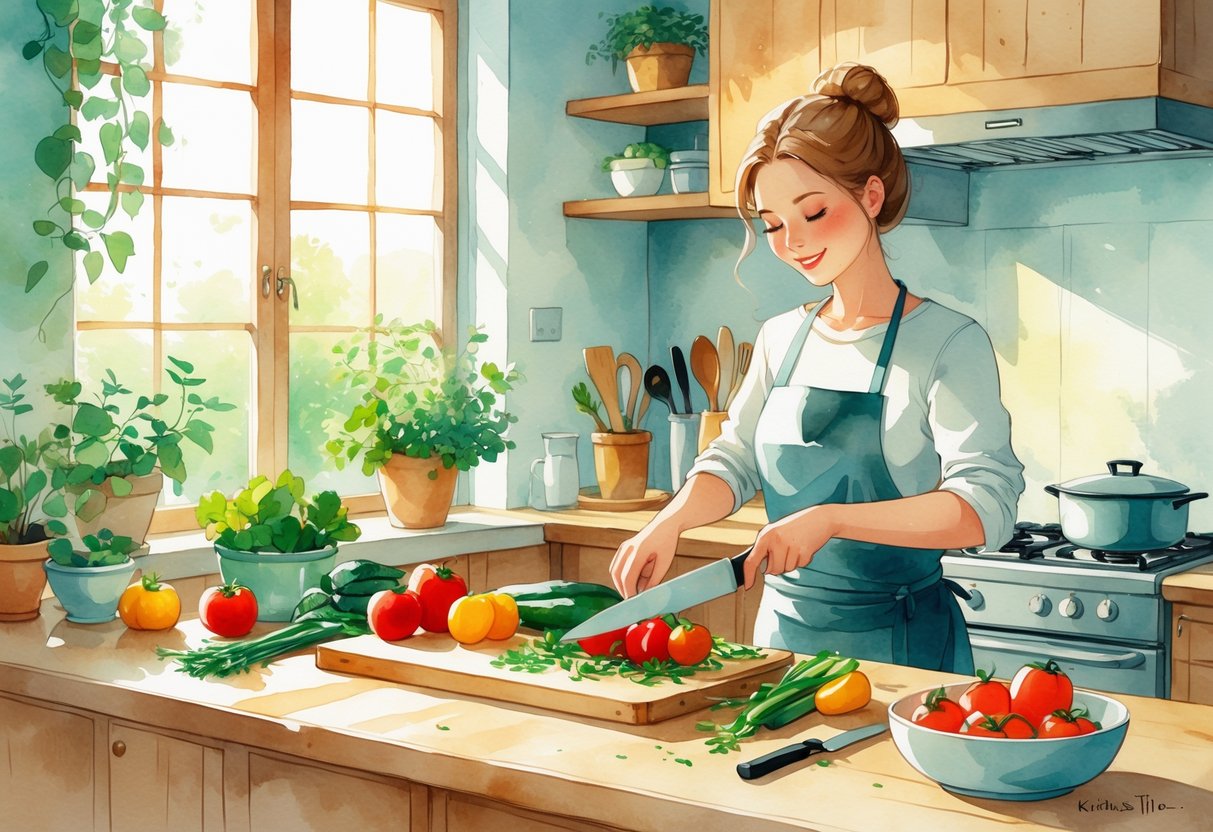 A person preparing fresh vegetables in a cozy kitchen filled with natural light and cooking utensils.