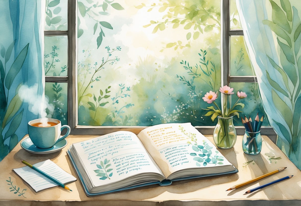 A cozy desk by a window with an open journal, a cup of tea, flowers, and art supplies, overlooking a garden.